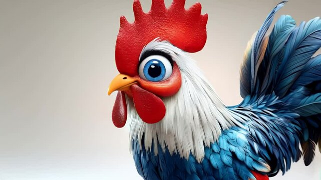3D rendered cartoon rooster with vibrant blue and red plumage, standing against a light beige background.