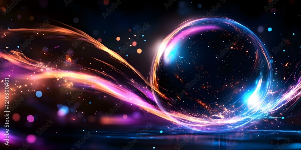 Aufkleber a colorful abstract design featuring a glowing sphere surrounded by vibrant waves of light and spark