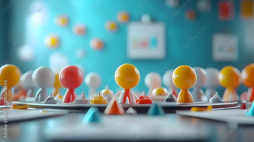Poster 3d of cartoon characters collaborating at round table brainstorming new business strategy ideas with