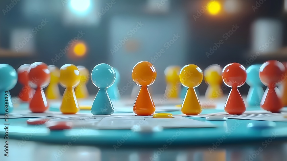 Fototapete 3d of teamwork cartoon characters collaborating at a round table brainstorming new business strategy