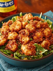 Fototapeta premium Crispy Cauliflower Bites with Spicy Crumb Coating on Fresh Salad Greens