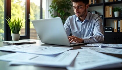 Professional bill collector reviews accounts on modern laptop in office setting. Papers, documents spread across desk. Businessman focused on reviewing financial data, important information in