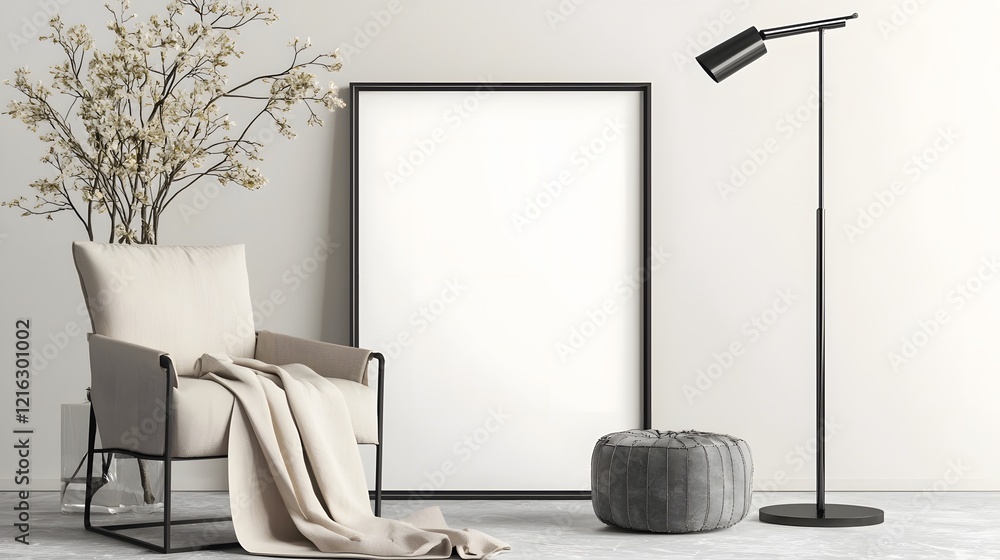Poster cozy and inviting living room with empty frame mockup for design presentation featuring modern furni