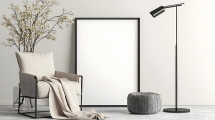 Fototapeta premium Cozy and Inviting Living Room with Empty Frame Mockup for Design Presentation Featuring Modern Furniture Stylish Wall Textures and a Warm and Minimal Ambiance