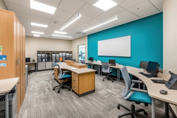 Modern Office Workspace Design Teal Walls and Ergonomic Furniture