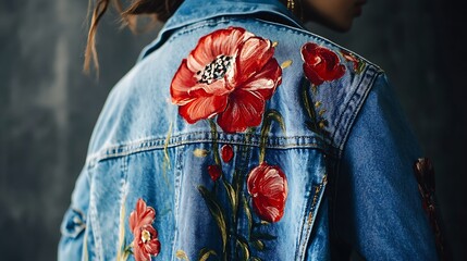 Artistic Denim: Fashionable Denim Jacket with Hand-Painted Floral Design