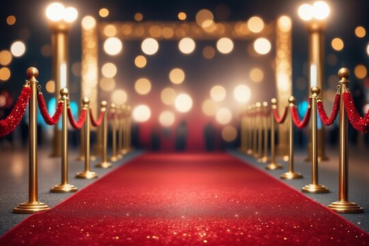 Red carpet on a stage with bright lights and bokeh glowing at night surrounded by glitters and a peoples in a celebration event in the city