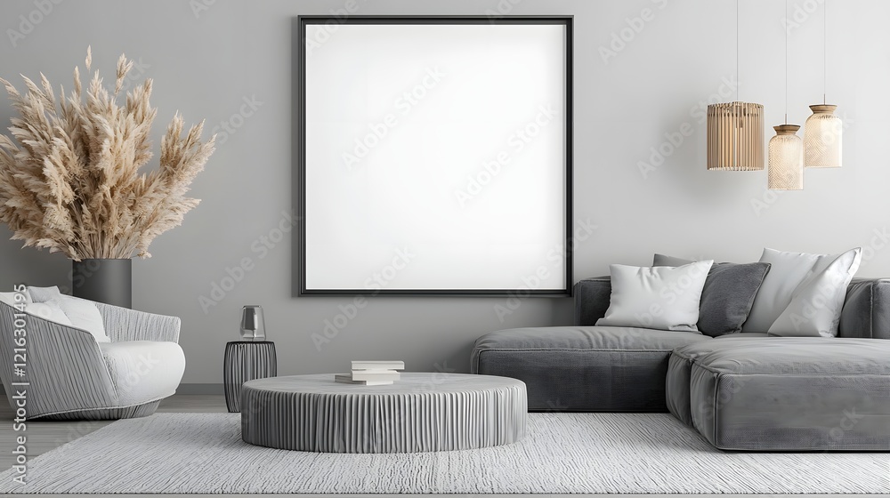 Aufkleber Bright and inviting living space with an empty ISO A paper size frame mockup displayed on a sleek modern wall