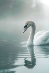 Obraz premium Graceful Swan with Elegantly Arched Neck Gliding Across Tranquil Lake in Serene Natural Setting