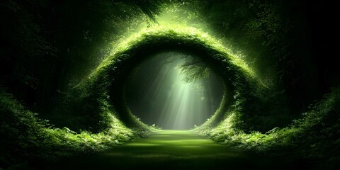 A mystical forest path framed by lush greenery, with rays of light streaming through a circular arch of foliage. Concept Mystical Forest Path, Lush Greenery, Light Rays, Circular Foliage Arch