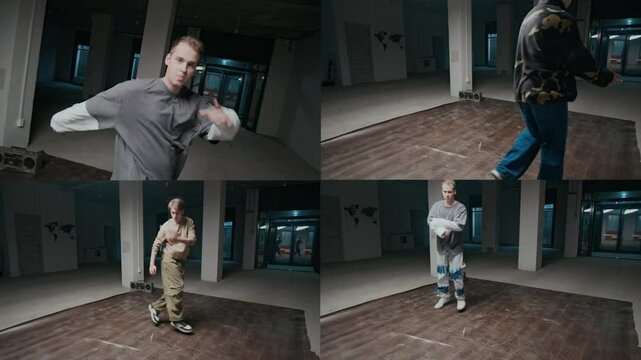 Split screen of gen Z Caucasian male zoomers in urbanwear recording breakdance performance with top rock and down rock moves on camera, training in empty dance hall indoors