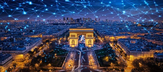 Arc de Triomphe, Paris, France at Night. Illuminated cityscape with connected network illustration.