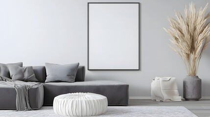 Spacious and stylish living room interior with a sleek modern design featuring an empty frame mockup offering a chic and trendy atmosphere for design presentation or product display