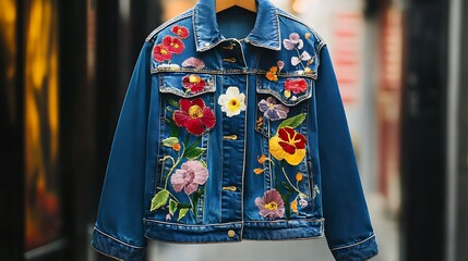 Artistic Denim: Fashionable Denim Jacket with Hand-Painted Floral Design