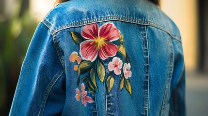 Artistic Denim: Fashionable Denim Jacket with Hand-Painted Floral Design