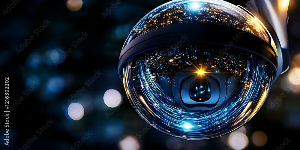 Poster a close-up of a security camera with reflections of city lights in its lens, creating a futuristic a