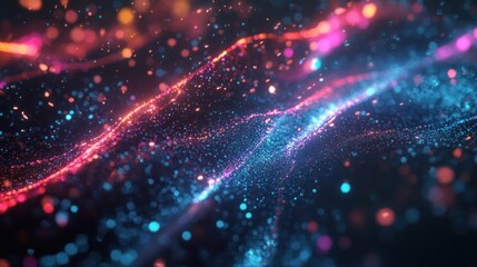 Obraz premium Abstract Digital Art: Neon Waves and Glowing Particles