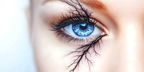 Obraz premium A close-up of a striking eye with vibrant blue iris and artistic, crack-like patterns extending from it, creating a dramatic effect. Concept Artistic Eye Close-Up, Vibrant Blue Iris