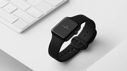A smartwatch synced to a telehealth app, paired with a clean, minimal workspace.