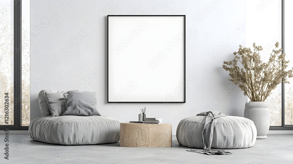 Poster Minimalist Interior Scene with Empty ISO A Paper Size Frame Mockup on Textured Wall Complemented by Stylish and Elegant Home Decor Accessories