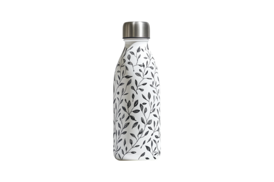 Reusable water bottle with artistic monochrome design isolated on white or transparent, PNG