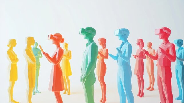 Virtual reality in business, with a team exploring a VR presentation for strategy, on solid white background, single object.