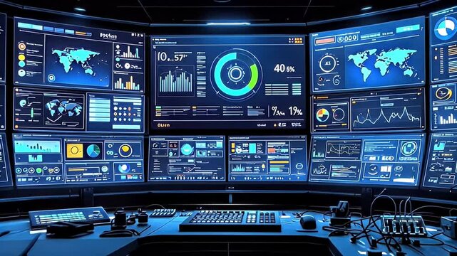 A futuristic control room with numerous monitors displaying real-time data and analytics.