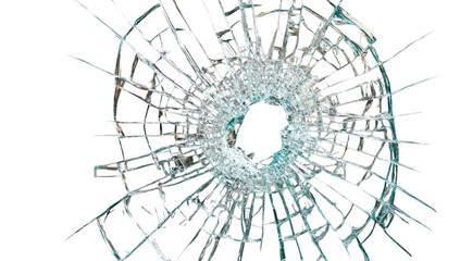 Obraz premium Shattered glass displays a circular break surrounded by sharp, jagged edges. The transparent fragments create a striking pattern, emphasizing the damage and depth of the fracture. PNG