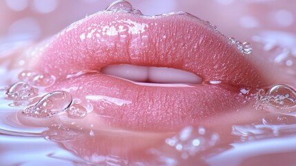 Fototapeta premium Close-Up of Soft Pink Lips Surrounded by Bubbles in Water