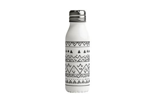 Reusable water bottle with artistic monochrome design isolated on white or transparent, PNG