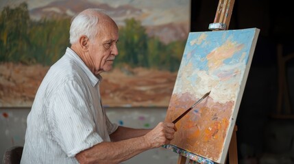 Elderly Artist Painting a Landscape on Canvas