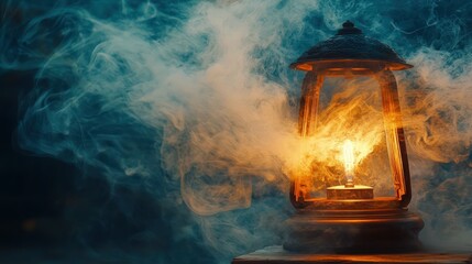 A rustic Oriental lamp with a soft, radiant glow and swirling smoke tendrils creating a mystical ambiance.