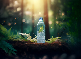 A plastic bottle, seemingly empty yet containing a small fern, rests on forest floor. Sunlight filters through the trees, creating a magical, yet subtly unsettling scene.  The juxtaposition highlights