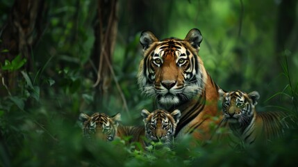 Fototapeta premium Tiger Family Lurks in Lush Jungle