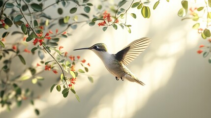 Obraz premium Hummingbird in Flight Among Blossoms: A Moment of Serene Beauty