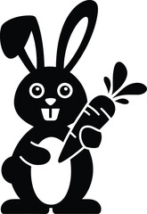 Obraz premium A cute black rabbit sits upright, black carrot against simple background for focus.