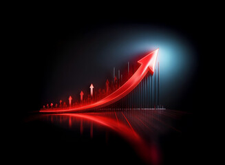 Fototapeta premium A glowing red arrow ascends sharply against a dark background, symbolizing growth and success. The arrow is reflected on a glossy surface, enhancing its dramatic impact.