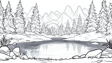A bold black outline sketch of a forest landscape with a wide stream reflecting the towering trees. The background features distant mountains with rounded .