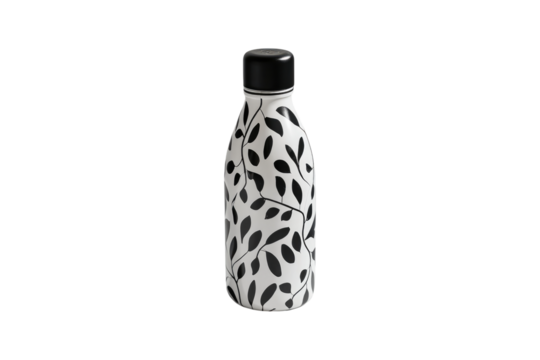 Reusable water bottle with artistic monochrome design isolated on white or transparent, PNG