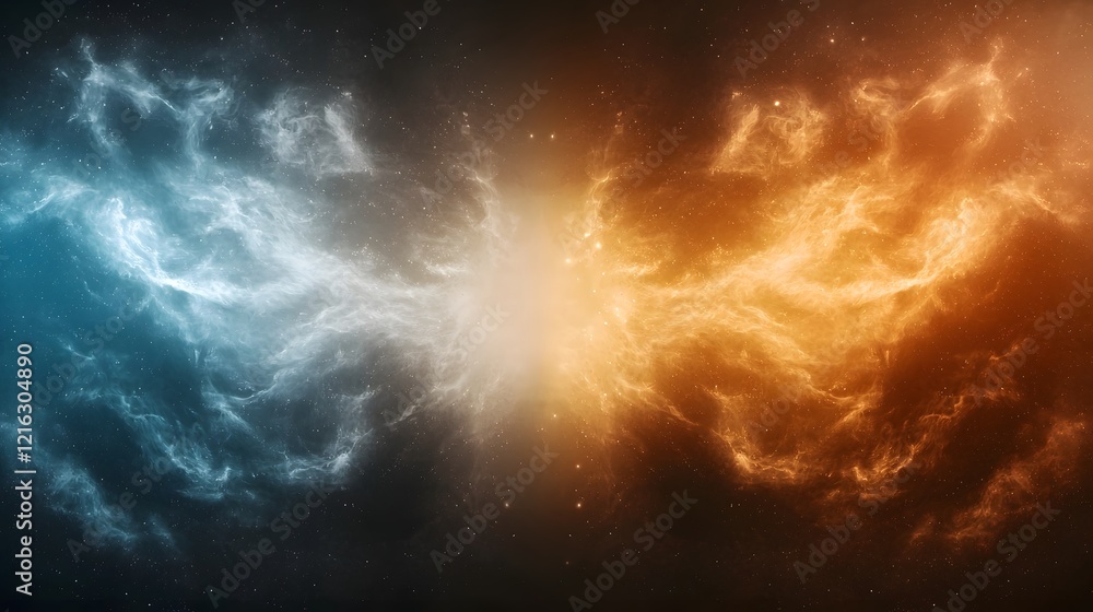 Aufkleber dramatic cosmic clash of glowing celestial light against dark infernal flames representing the power
