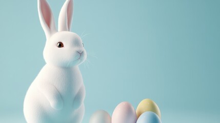 Obraz premium Easter Bunny with Pastel Eggs: A charming white rabbit sits beside a cluster of pastel-colored Easter eggs against a serene light-blue background.