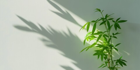 Naklejka premium A plant with leaves is in front of a wall. The leaves are green and the plant is growing