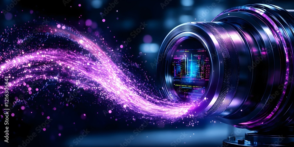 Poster a close-up of a futuristic camera lens with vibrant purple shimmering effects and digital circuit pa