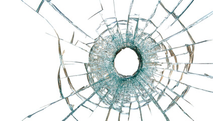 Shattered glass displays a circular break surrounded by sharp, jagged edges. The transparent fragments create a striking pattern, emphasizing the damage and depth of the fracture. PNG