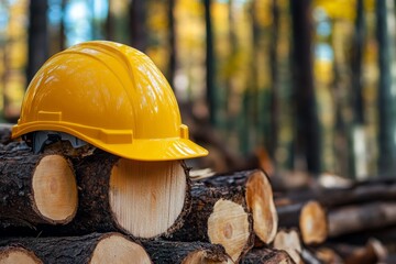 Yellow hard hat on logs in forest.