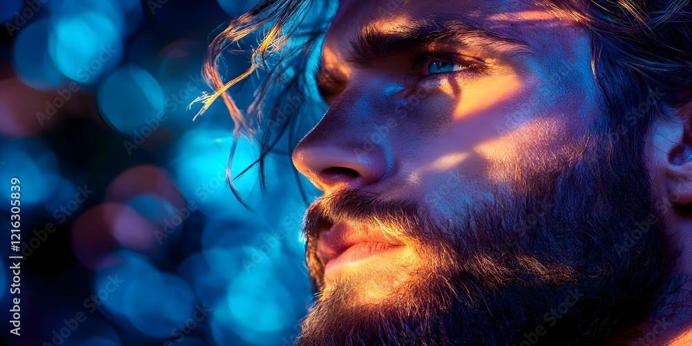 Poster a close-up portrait of a man with a beard, illuminated by colorful lights and shadows, creating a st