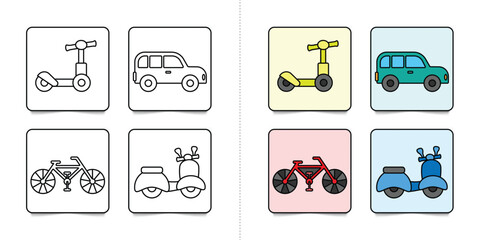 Toddlers car or bike, set of kindergarten kids coloring pages with flat colorful illustration for inspiring isolated on white background