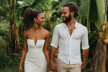 Fototapeta premium A man and woman are walking together in a lush green forest. The man is wearing a white shirt and khaki pants, while the woman is wearing a white dress. They are both smiling