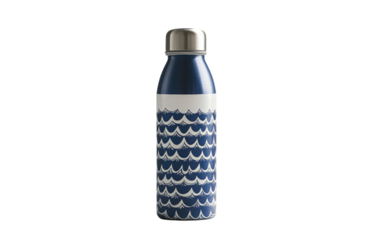 Reusable water bottle with artistic monochrome design isolated on white or transparent, PNG
