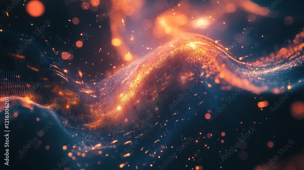 Poster binary data flowing in abstract visuals with glowing digits.